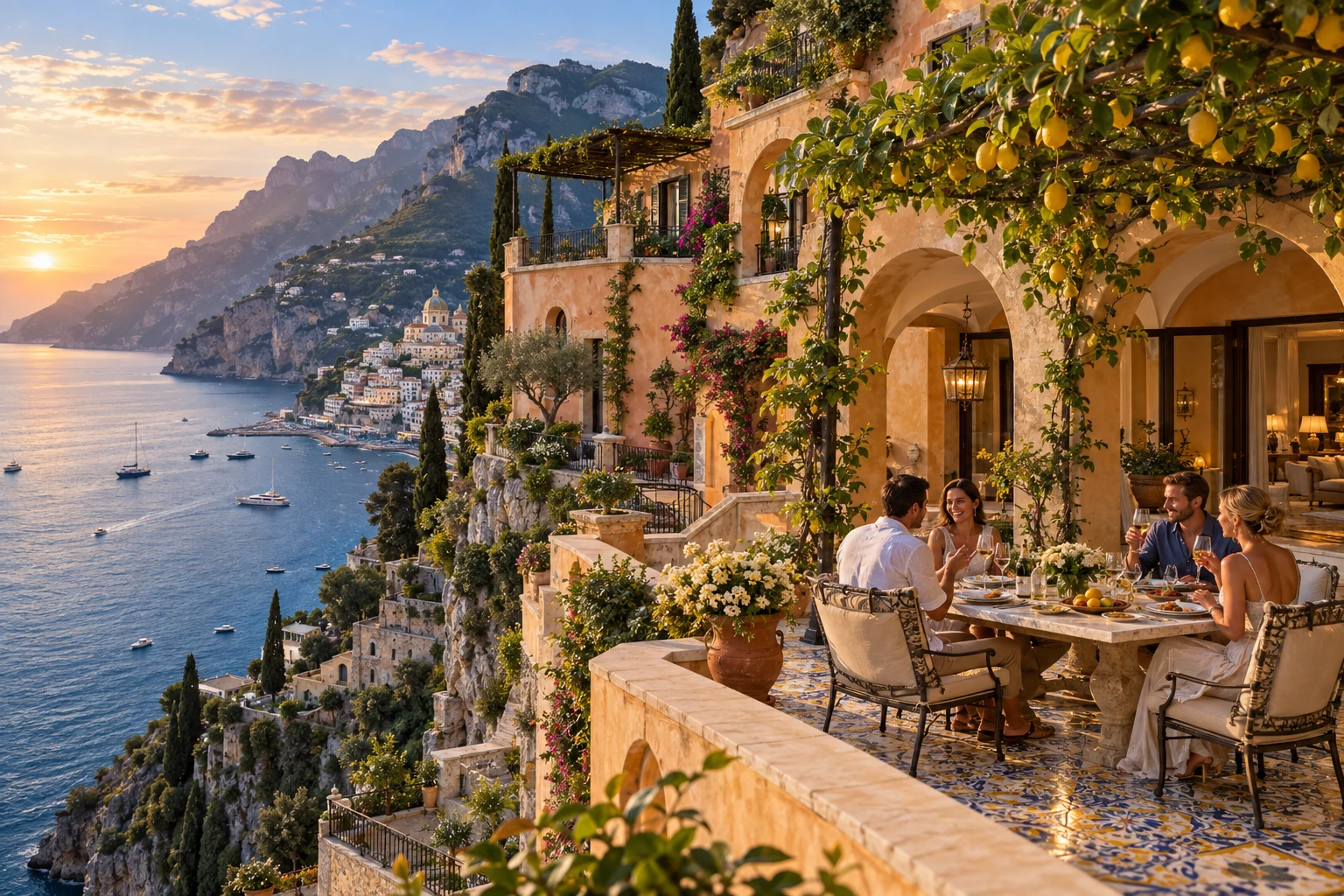 Destination-inspired illustration of a private villa with guests enjoying their stay in Amalfi Coast