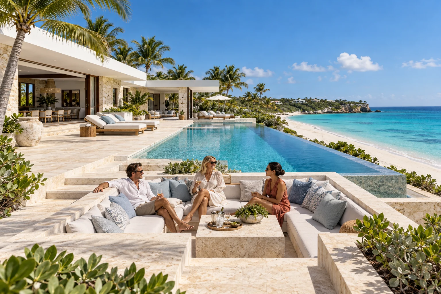 Destination-inspired illustration of a private villa with guests enjoying their stay in Anguilla