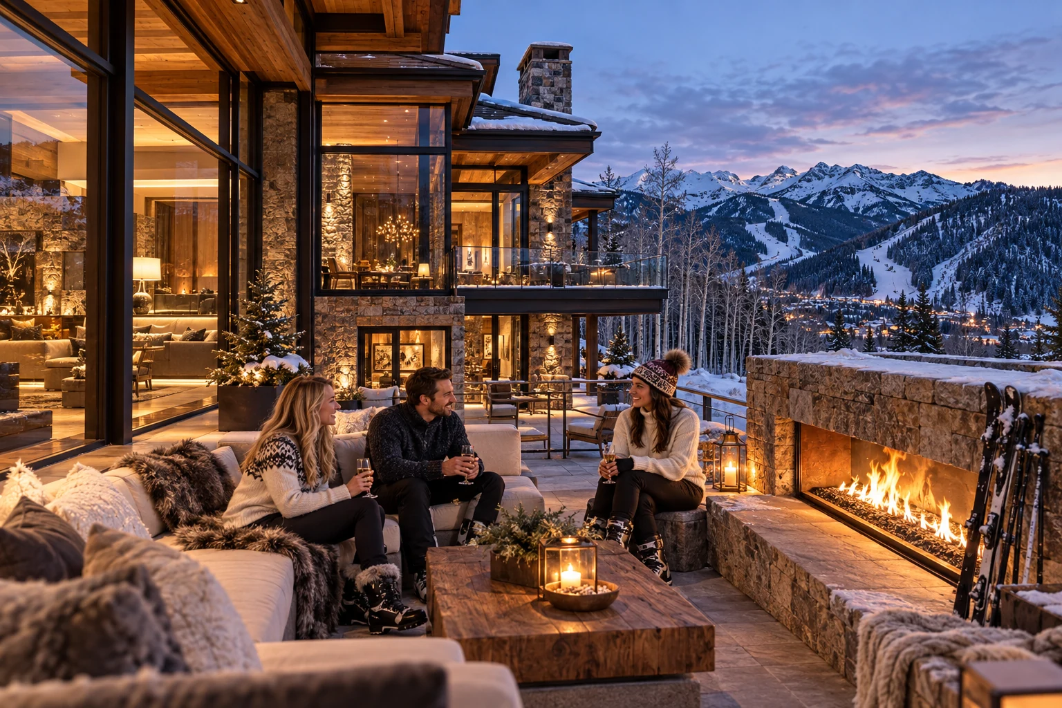 Destination-inspired illustration of a private villa with guests enjoying their stay in Aspen