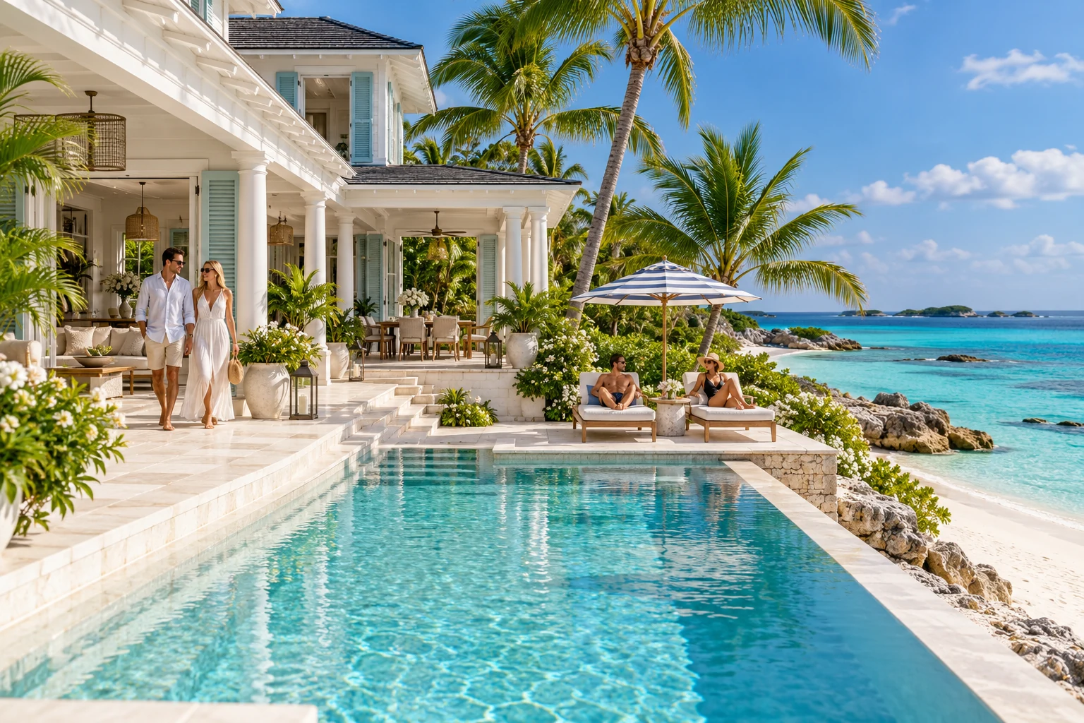 Destination-inspired illustration of a private villa with guests enjoying their stay in Bahamas