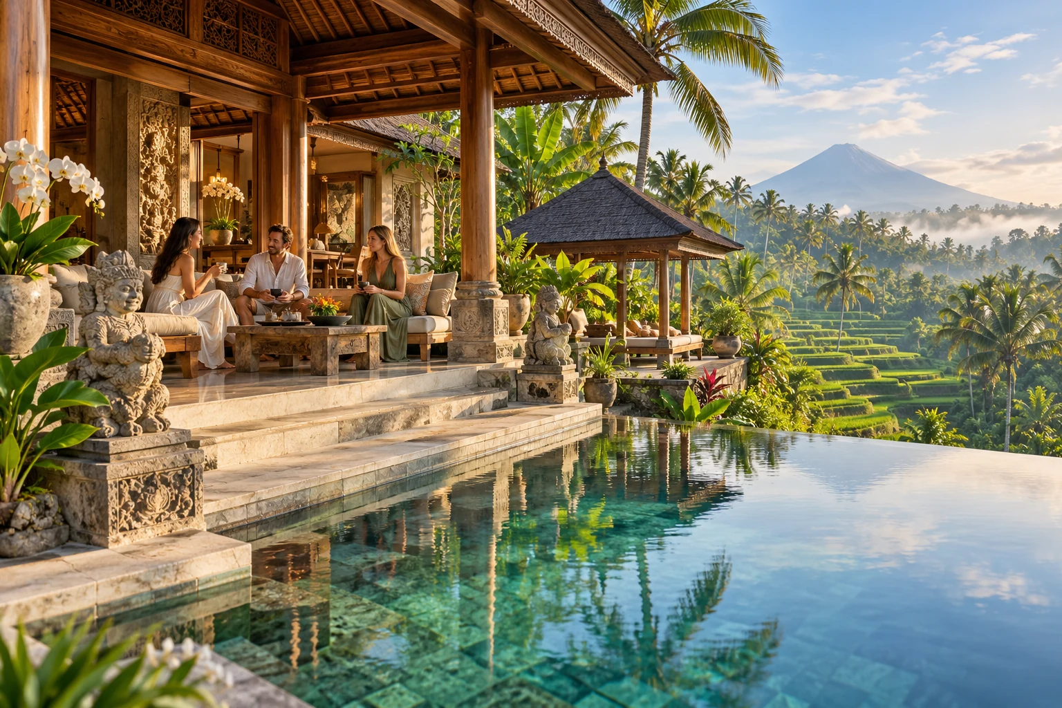 Destination-inspired illustration of a private villa with guests enjoying their stay in Bali