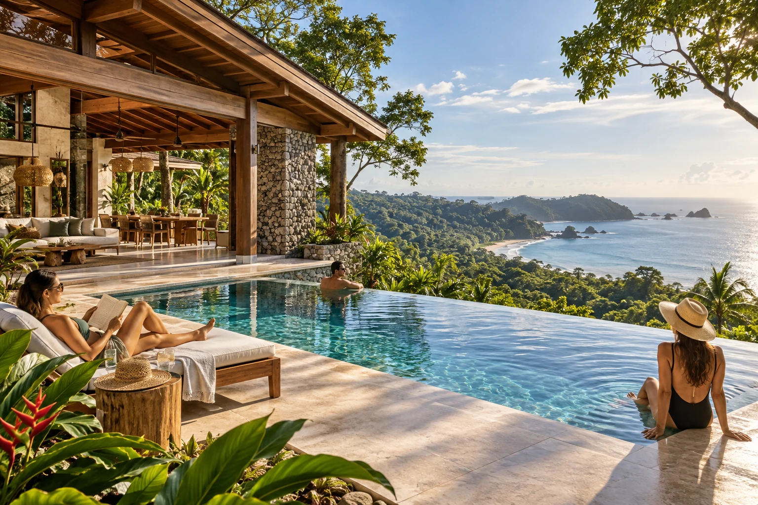 Destination-inspired illustration of a private villa with guests enjoying their stay in Costa Rica