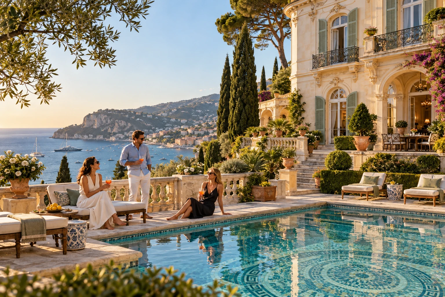 Destination-inspired illustration of a private villa with guests enjoying their stay in French Riviera