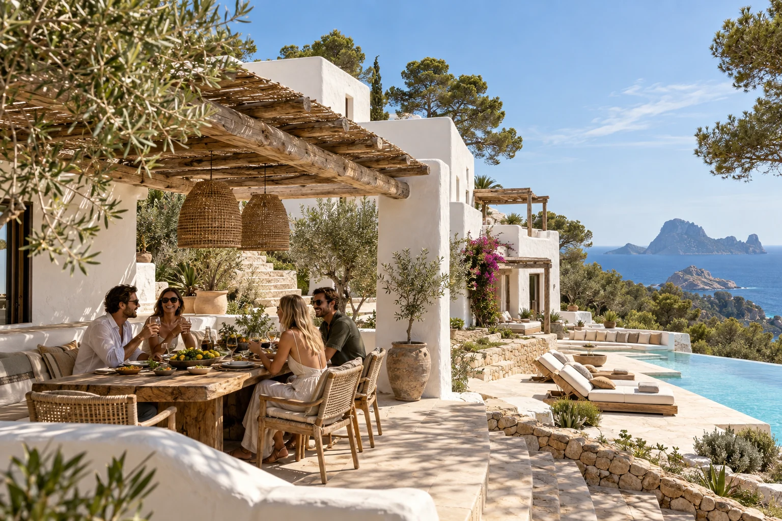 Destination-inspired illustration of a private villa with guests enjoying their stay in Ibiza