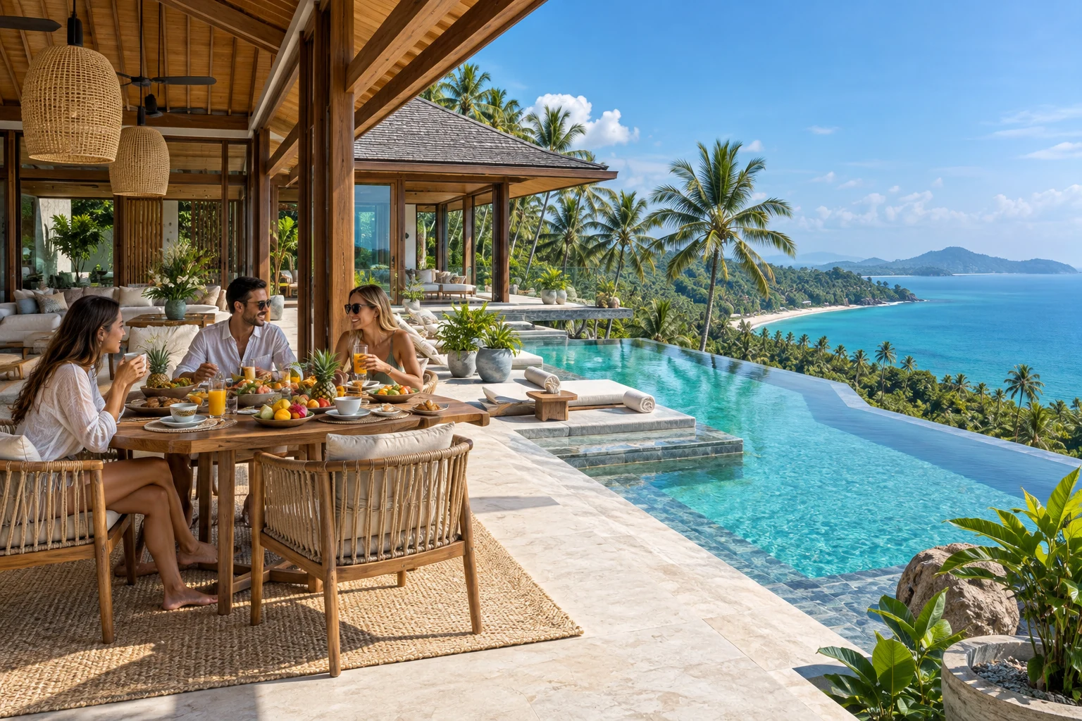 Destination-inspired illustration of a private villa with guests enjoying their stay in Koh Samui