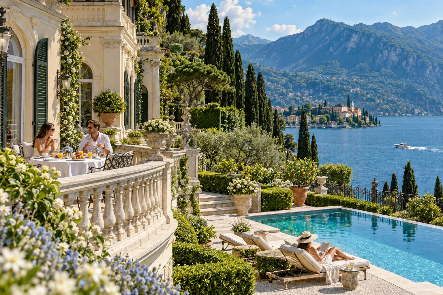Destination-inspired illustration of a private villa with guests enjoying their stay in Lake Como