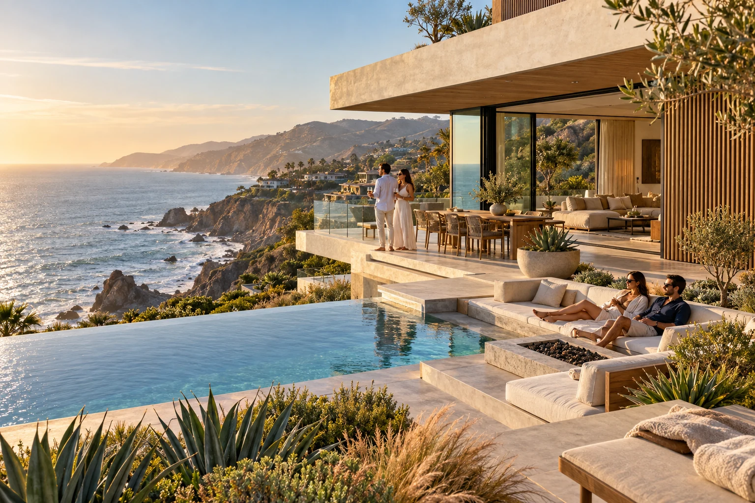Destination-inspired illustration of a private villa with guests enjoying their stay in Los Angeles & Malibu