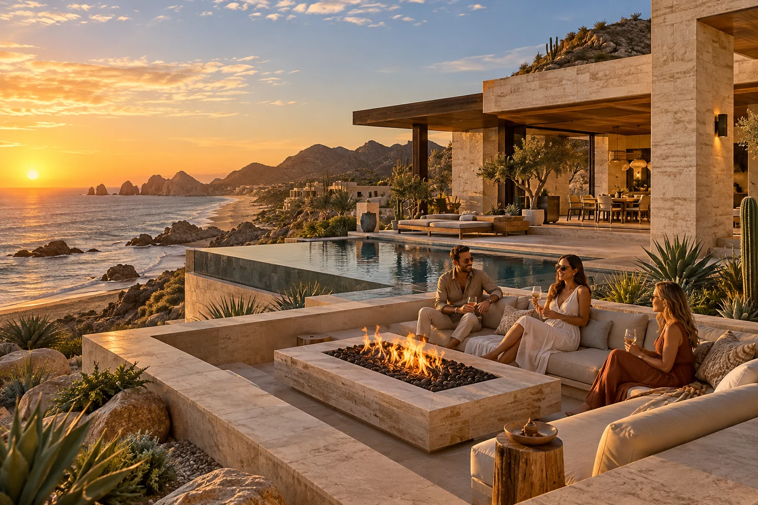 Destination-inspired illustration of a private villa with guests enjoying their stay in Los Cabos