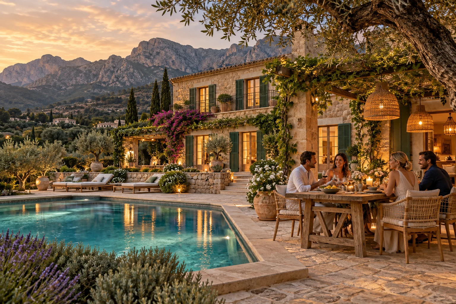 Destination-inspired illustration of a private villa with guests enjoying their stay in Mallorca