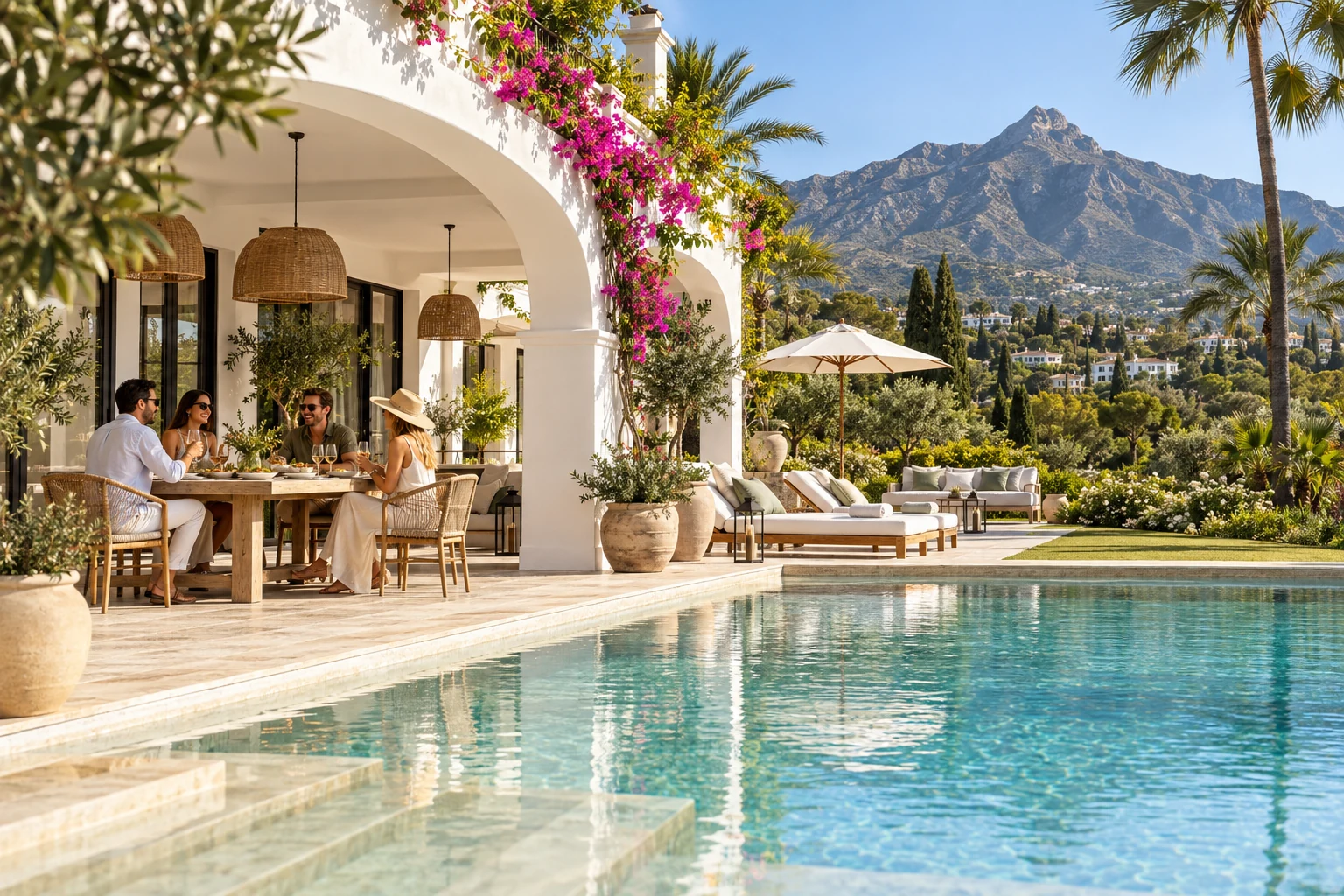 Destination-inspired illustration of a private villa with guests enjoying their stay in Marbella