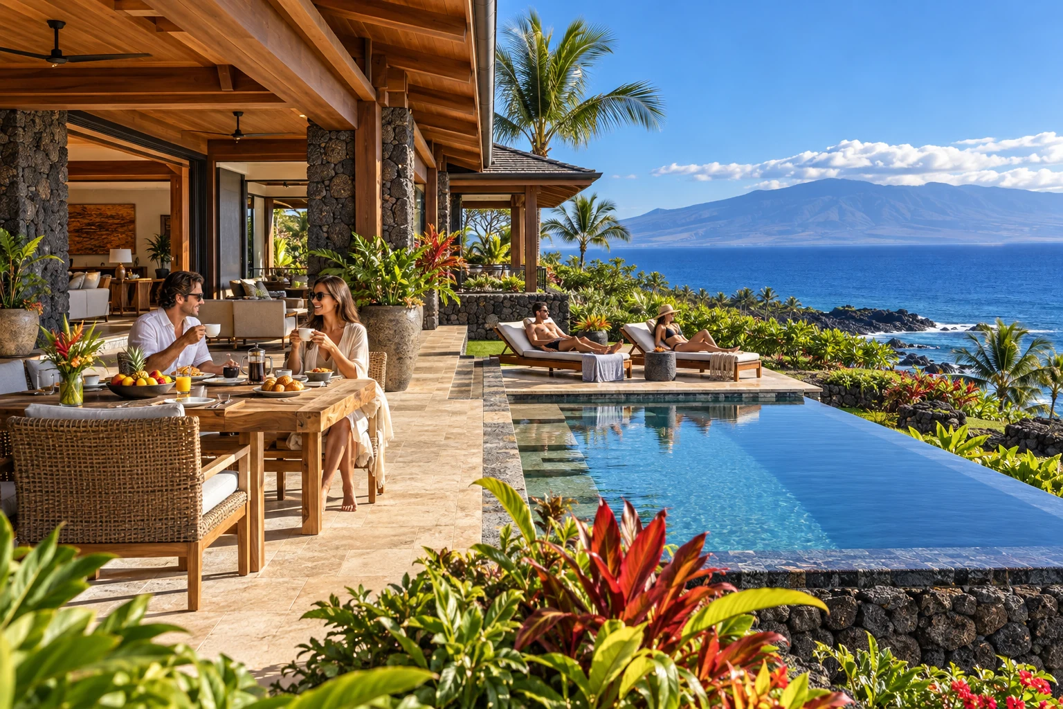Destination-inspired illustration of a private villa with guests enjoying their stay in Maui