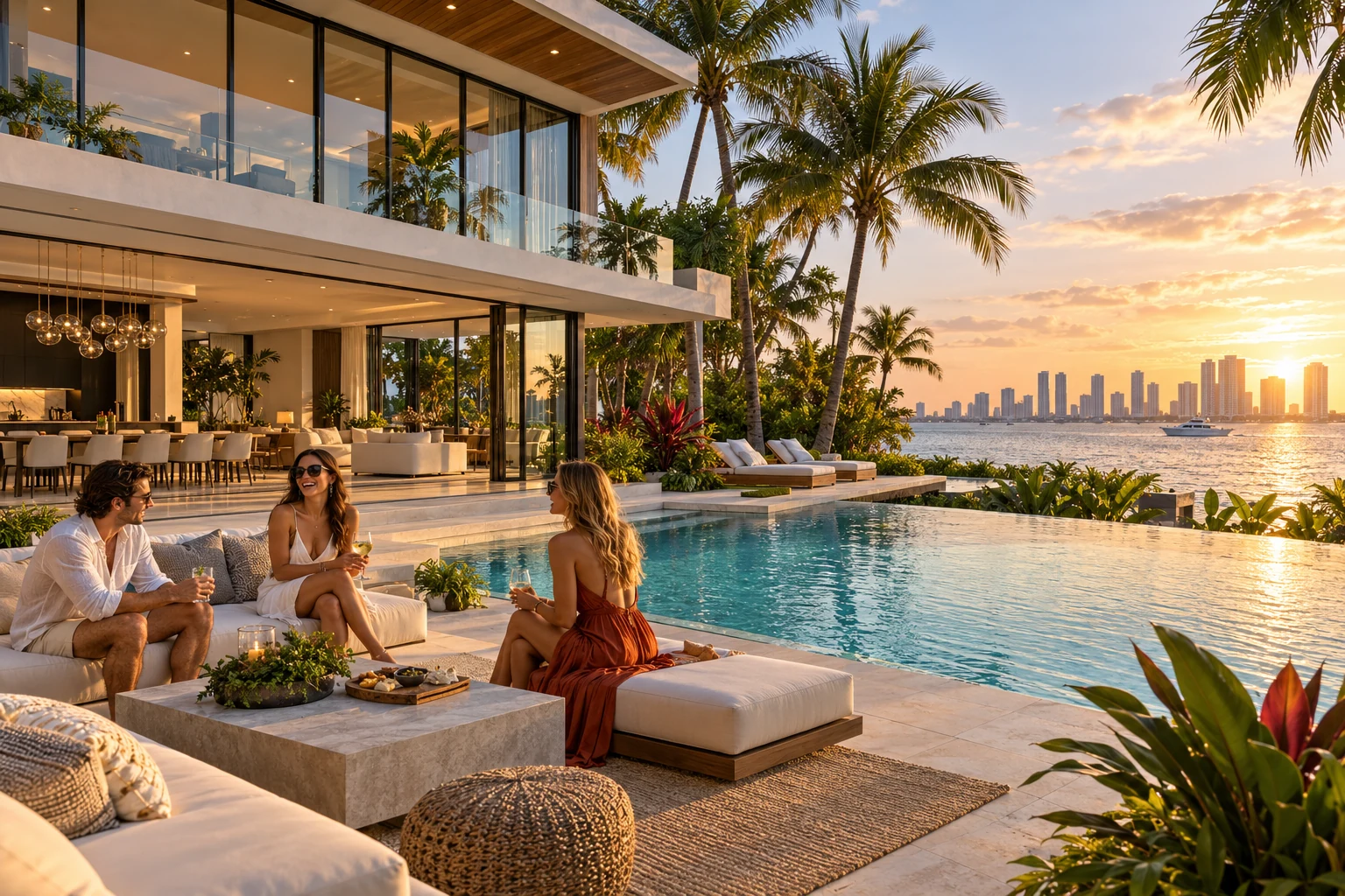 Destination-inspired illustration of a private villa with guests enjoying their stay in Miami