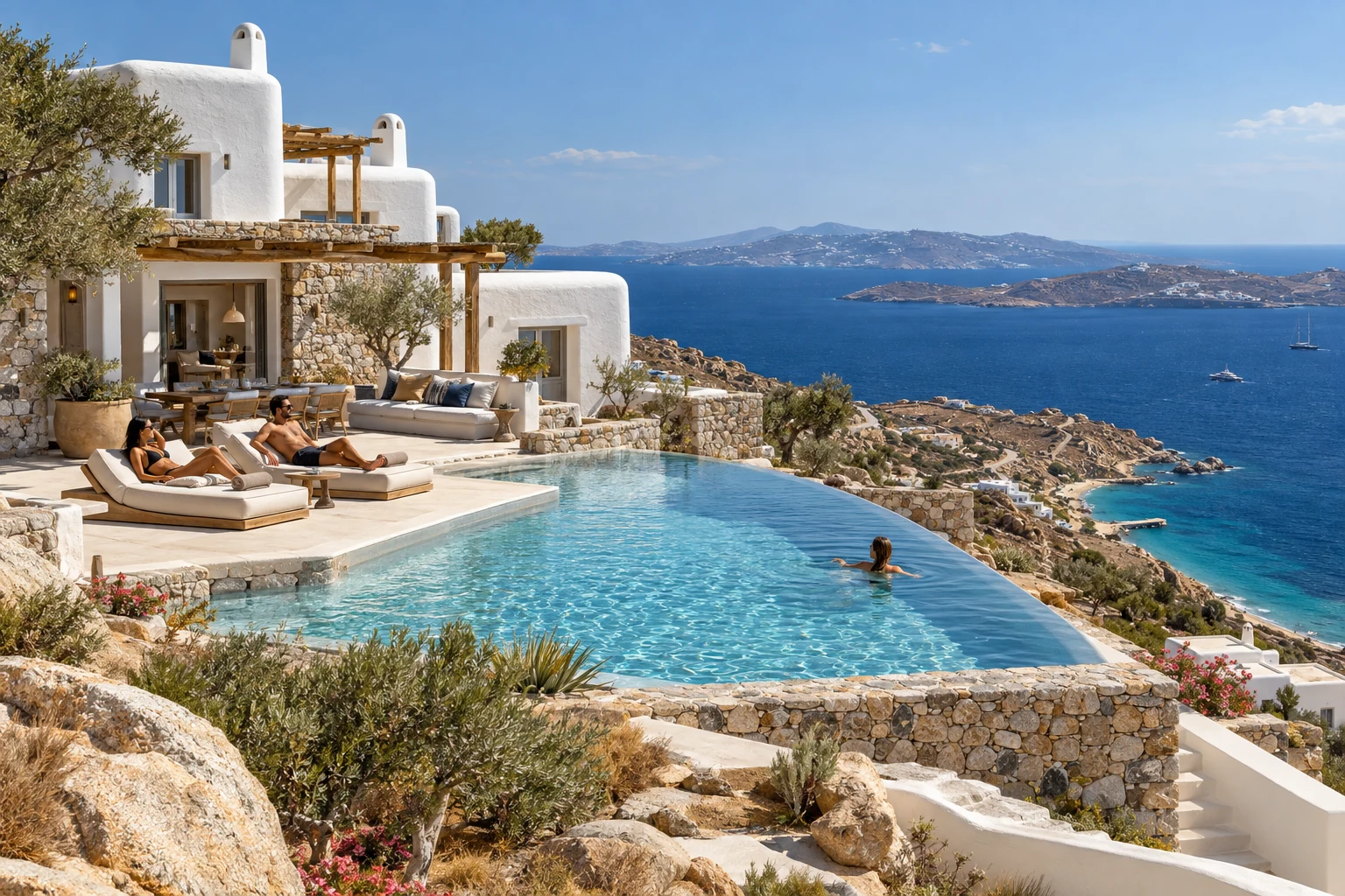 Destination-inspired illustration of a private villa with guests enjoying their stay in Mykonos