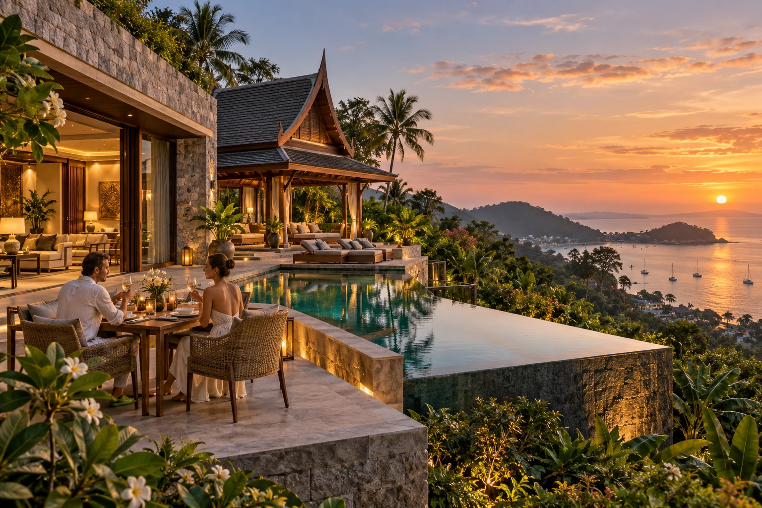 Destination-inspired illustration of a private villa with guests enjoying their stay in Phuket