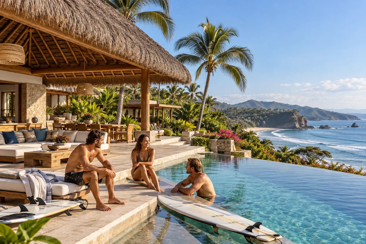 Destination-inspired illustration of a private villa with guests enjoying their stay in Punta Mita