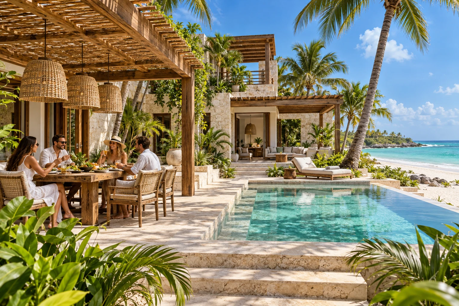 Destination-inspired illustration of a private villa with guests enjoying their stay in Riviera Maya & Tulum