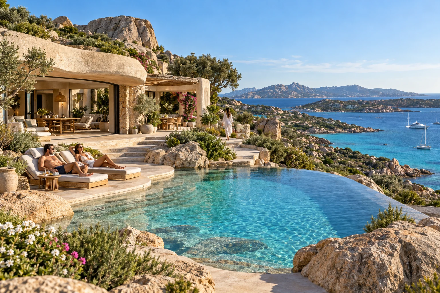 Destination-inspired illustration of a private villa with guests enjoying their stay in Sardinia