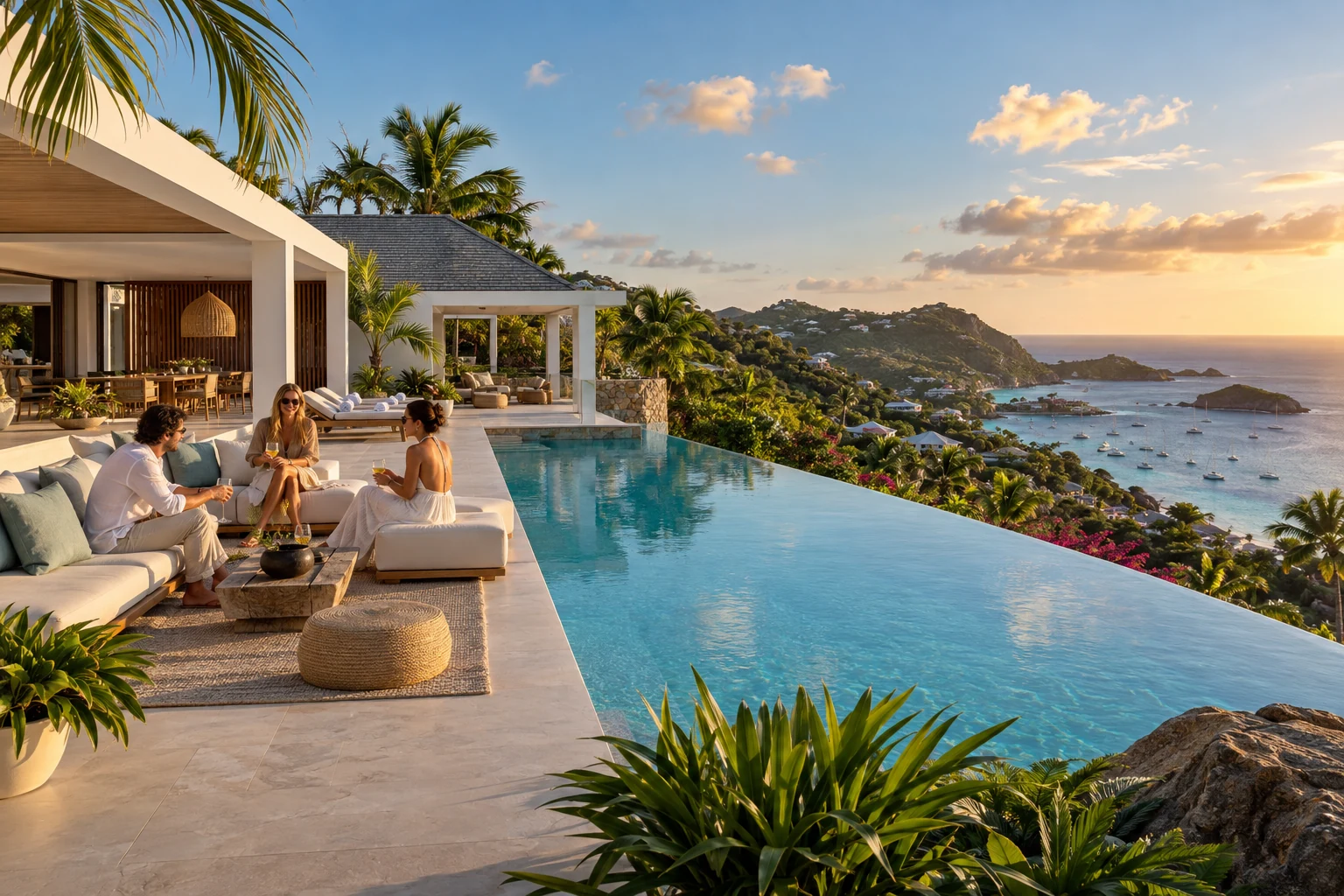 Destination-inspired illustration of a private villa with guests enjoying their stay in St. Barts