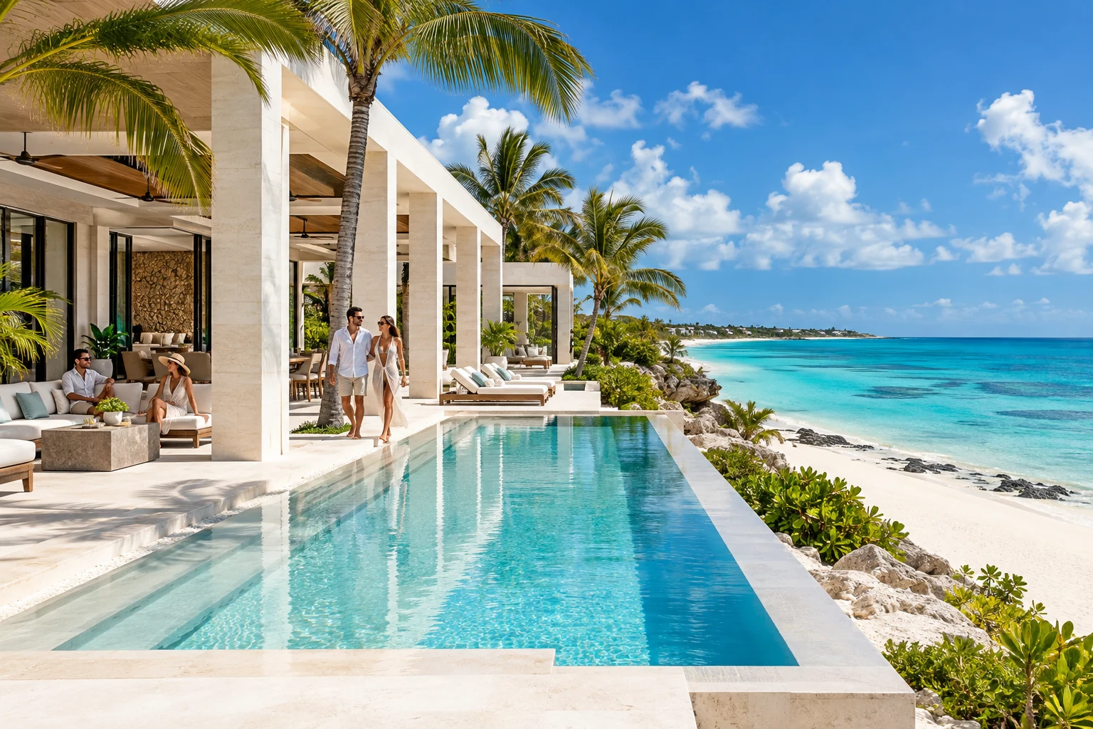 Destination-inspired illustration of a private villa with guests enjoying their stay in Turks & Caicos