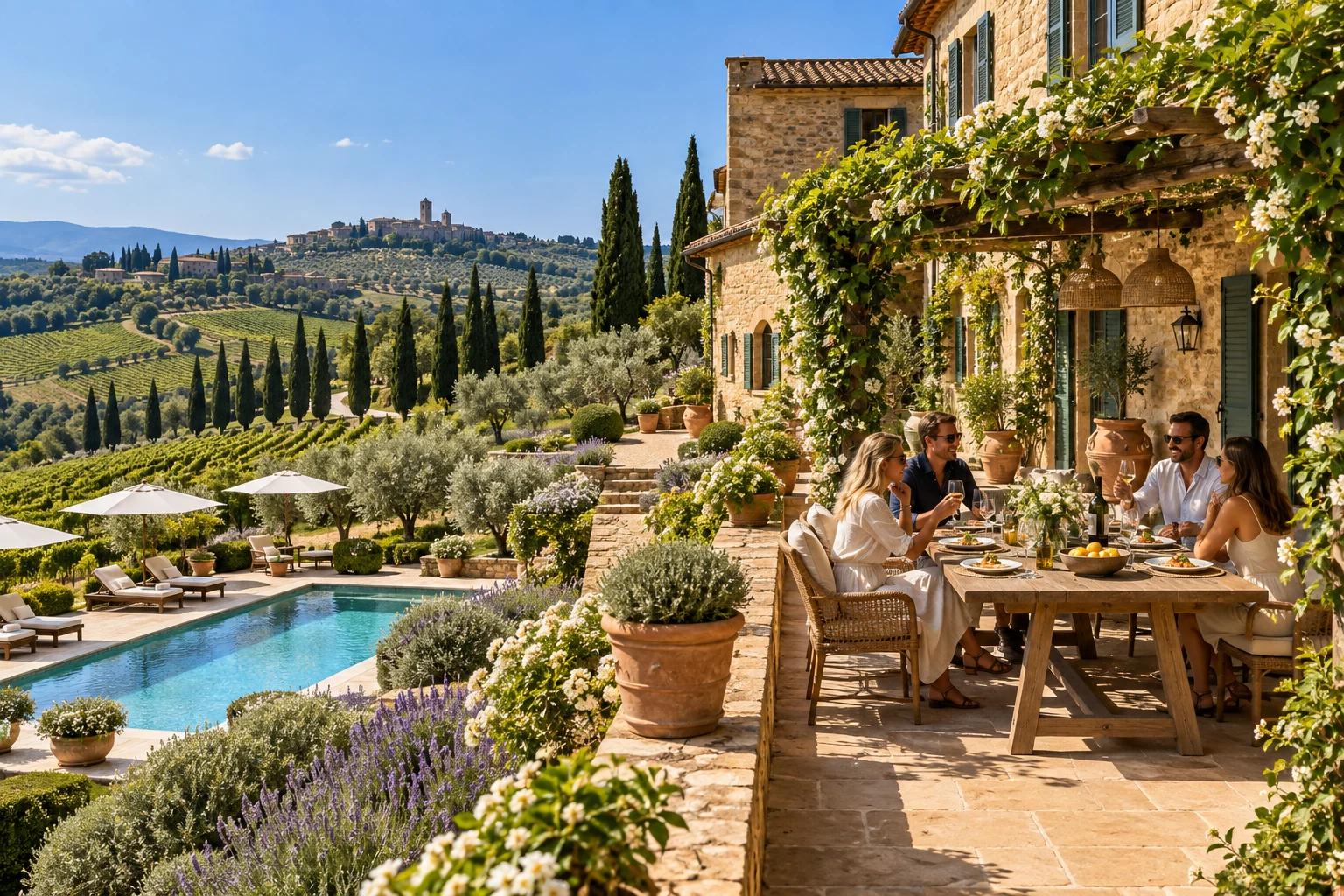 Destination-inspired illustration of a private villa with guests enjoying their stay in Tuscany