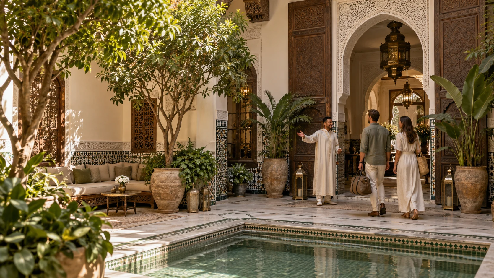 A host welcoming guests into a Moroccan riad courtyard
