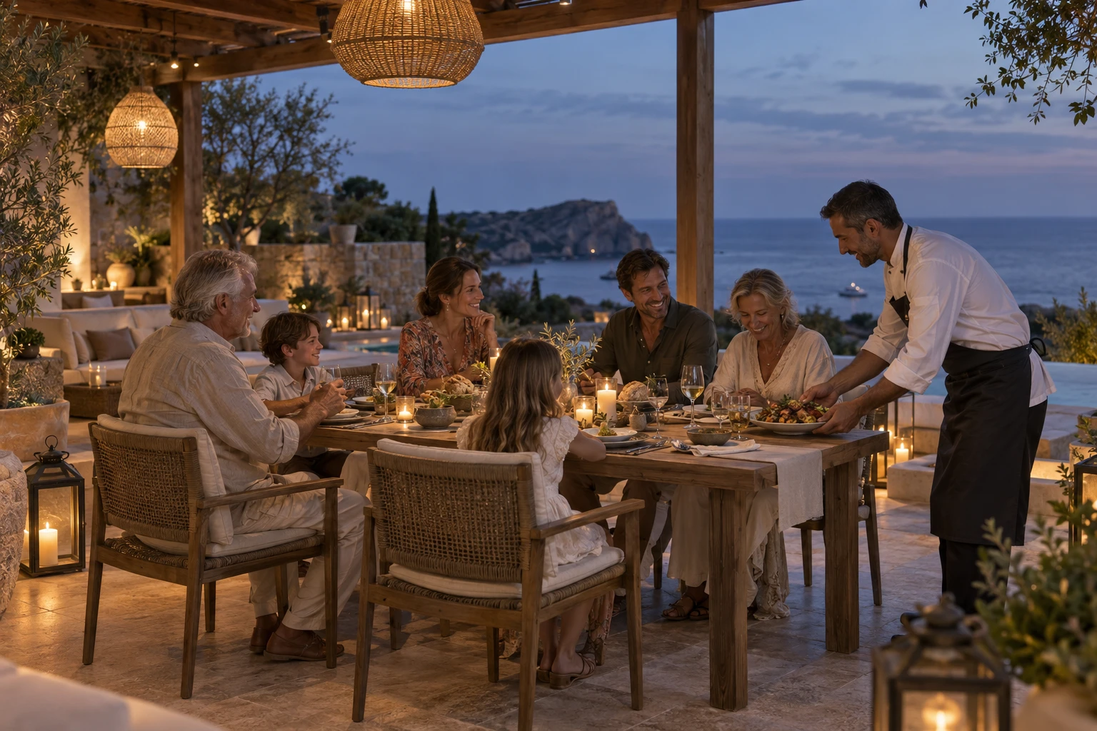 A private chef serving a relaxed family dinner on an ocean-facing terrace