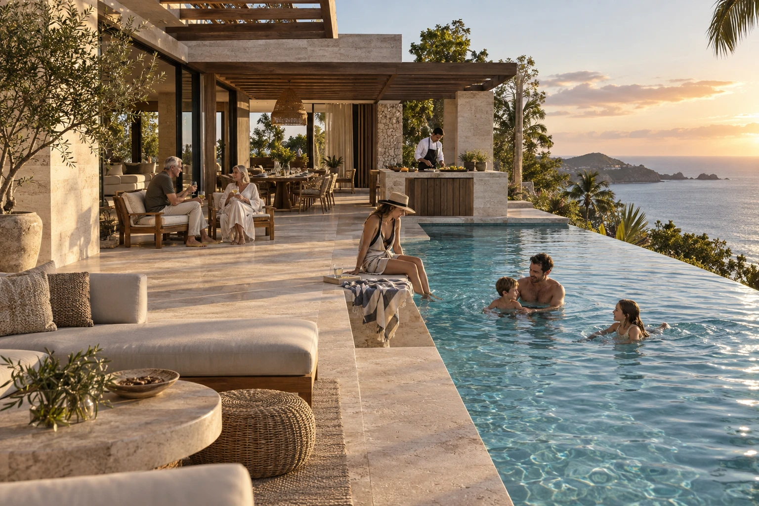 Family time by the pool at a coastal private villa