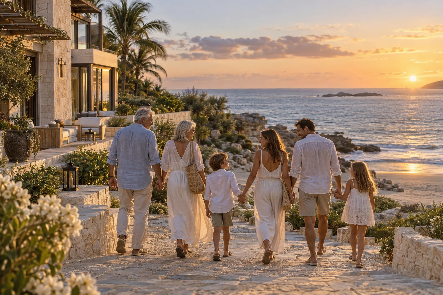 Three generations walking together from their coastal villa toward the beach at sunset