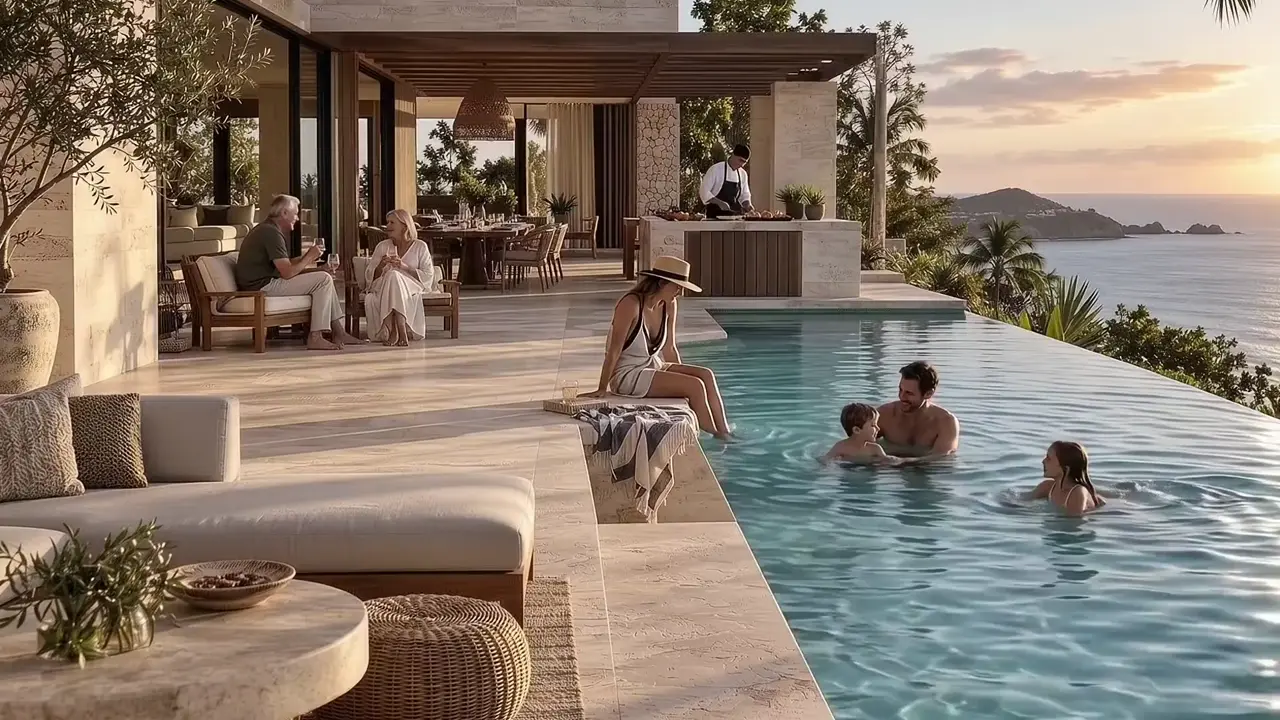Family enjoying a private villa pool overlooking the ocean